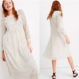 Madewell Smocked Ruffle-Shoulder Midi Dress in Inkbrush Dots size small